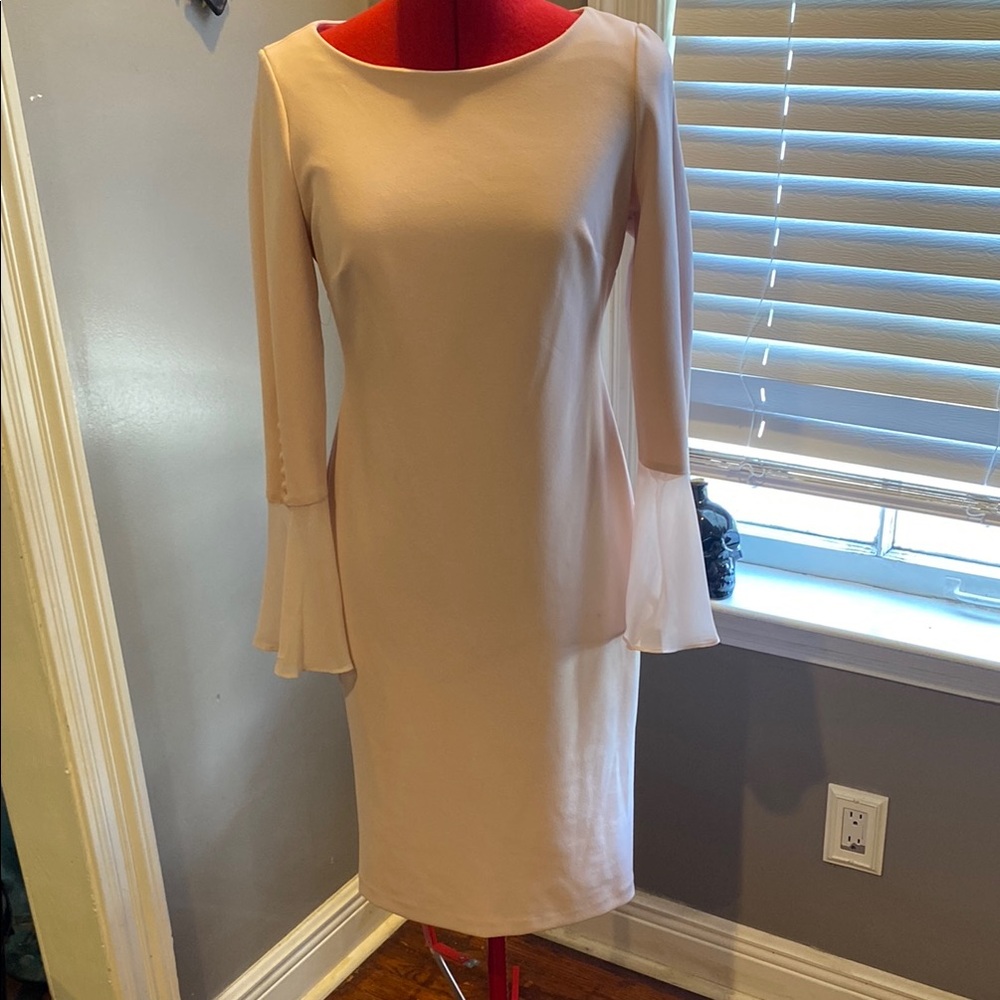 Calvin Klein Tan Sheath Dress with Bateau Neckline